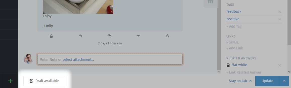Screenshot highlighting the Draft available button within Ticket zoom