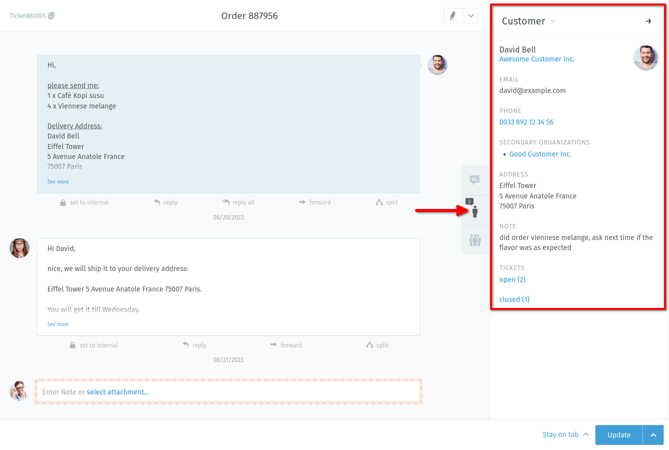 Ticket pane (customer view)