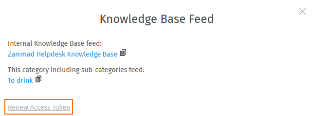 Screenshot showing the access token reset link on the lower end of the RSS feed modal (internal knowledge base)