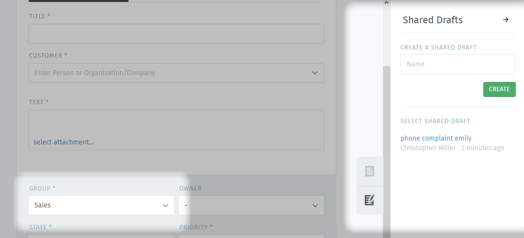 Screenshot highlighting the shared draft pane for new ticket dialogues