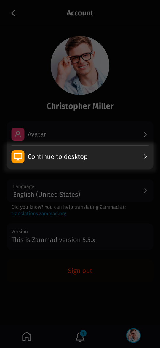 Continue to Desktop Link in User Account Overview