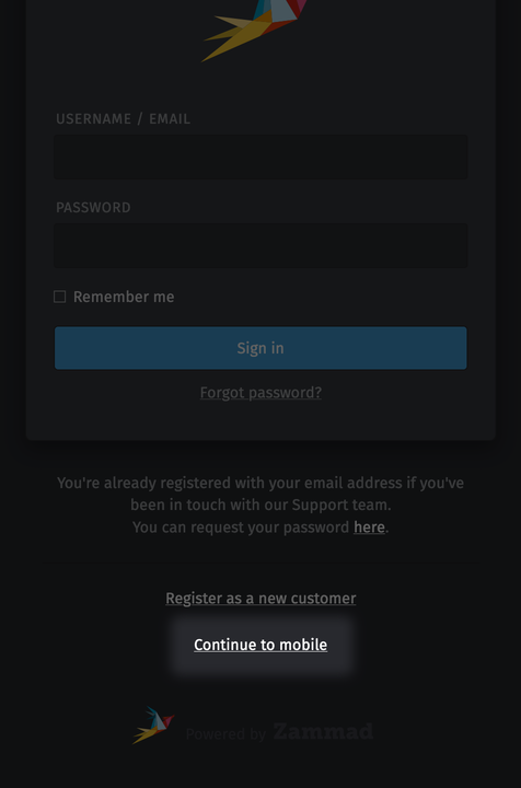 Continue to Mobile Link in Desktop Login Screen
