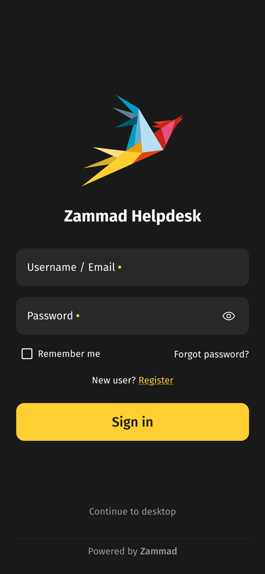 Mobile View Login Screen