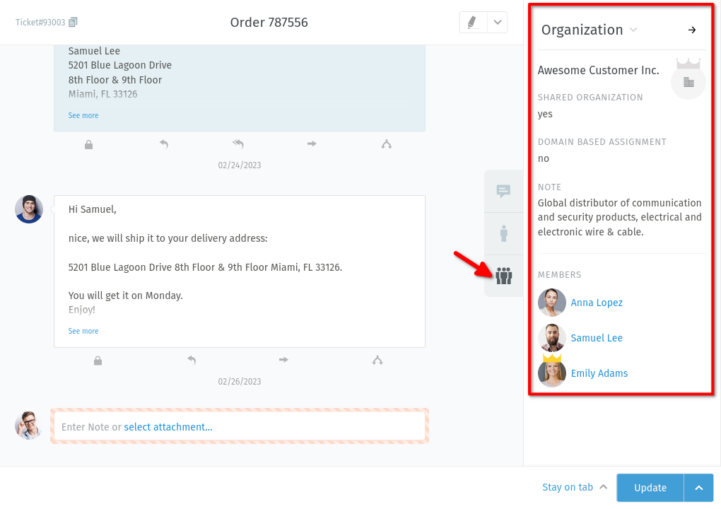 Ticket pane (organization view)