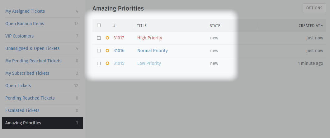 Overview showing 3 tickets with different priorities