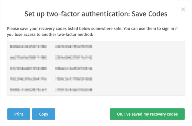 Recovery Codes Modal Dialog