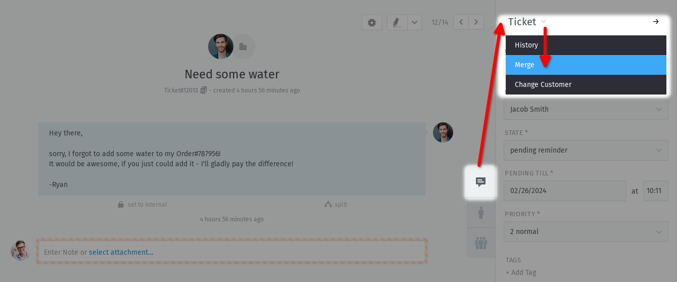 Ticket menu with highlighted "merge"