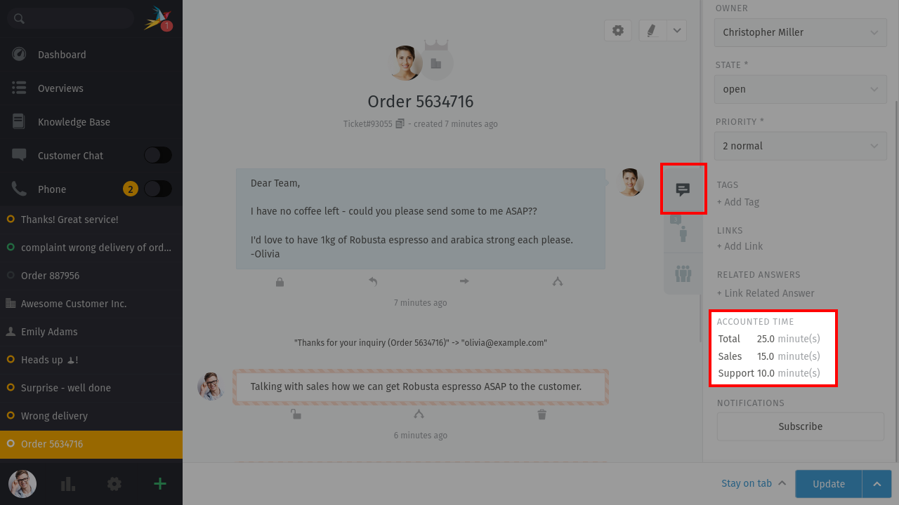 Screenshot showing accounted times in ticket pane