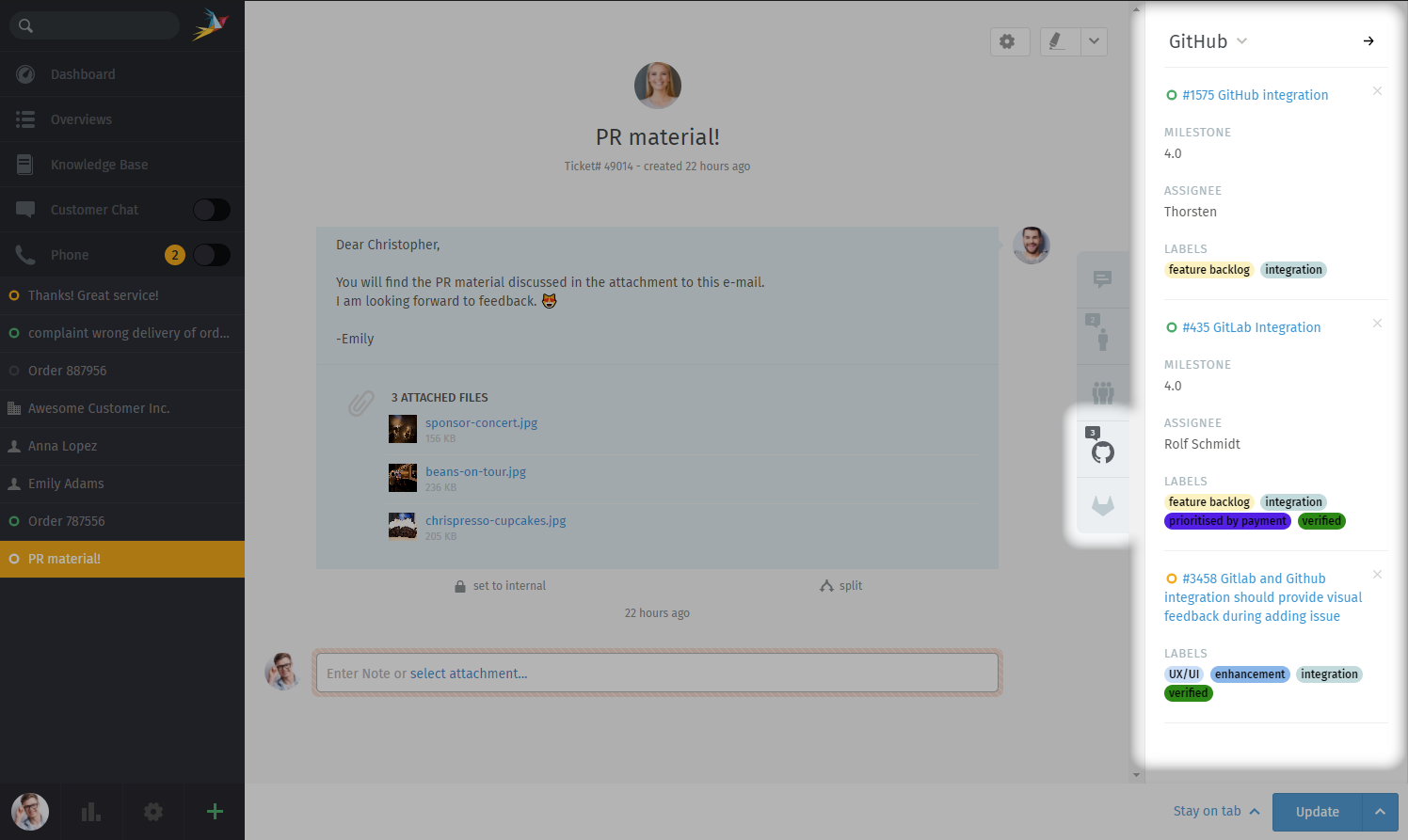 Ticket detail view showing activated GitHub & GitLab function