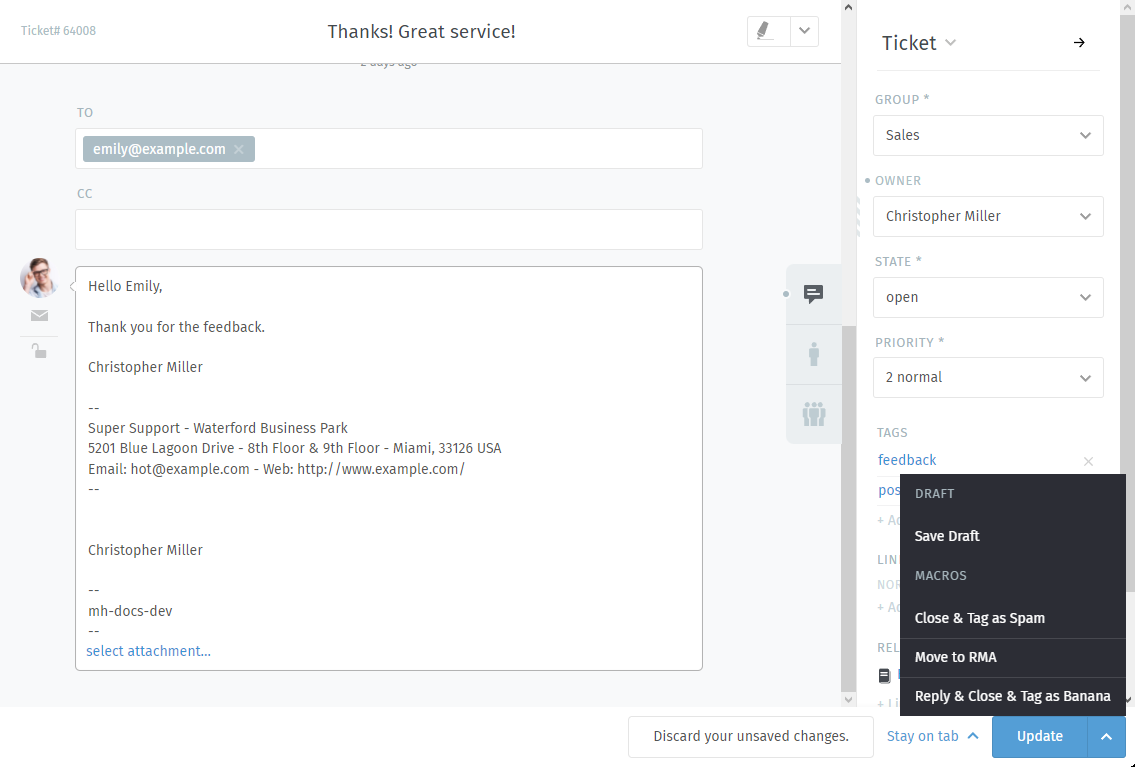 Screenshot showing the sub menu of the Update button with macros and an option to save the draft